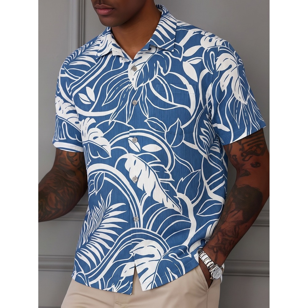Tommy Bahama Button Down Shirt Mens Medium Blue Floral Palm Leaf Cotton